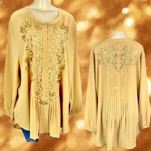 Roaman's +28W Amber Gold Sequin Pin-Tuck Button Neck Step-Hem Long Sleeve Blouse